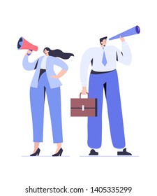 Business man looking into a telescope, woman speaking into a megaphone
Flat vector characters isolated on white background.