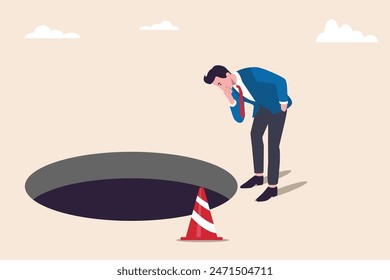 business man looking into unknown dark black hole on floor, feeling wonder - fear - scare. looking for new career, direction or opportunity. change life concept, art vector
