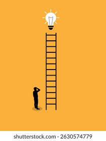 Business Man Looking at Light Bulb Up the Stairs Minimalist Illustration. Business ideas and problem solving, people and activities vector art