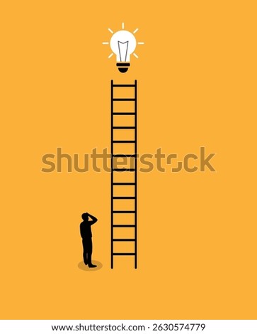 Business Man Looking at Light Bulb Up the Stairs Minimalist Illustration. Business ideas and problem solving, people and activities vector art