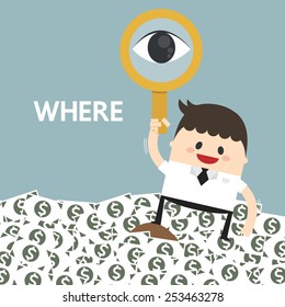 Business man looking with magnifier. flat design