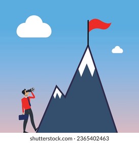 Business man looking on mountain to achieve success, character start working concept
