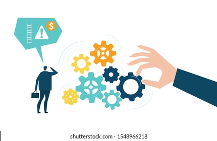 Business man looking on rotating gears, concept illustration 