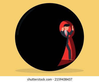 Business man looking out of giant keyhole with curiosity. problem solution and secret discovery, step out of comfort zone or safe zone