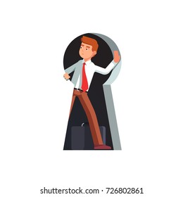 Business Man Looking Out Of Giant Keyhole With Curiosity And Amazement Getting Ready To Come Outside. Metaphor Of Key Person, Problem Solution And Secret Discovery. Flat Vector Isolated Illustration.