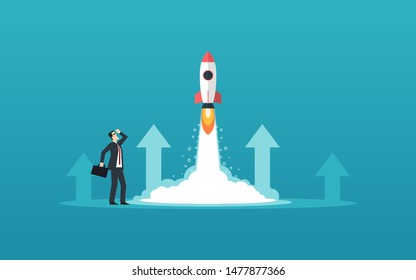business man looking at rocket launching with moving arrows in flat icon design and blue color background