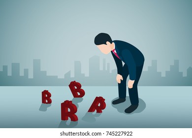 business man looking at sinking bitcoin sign.