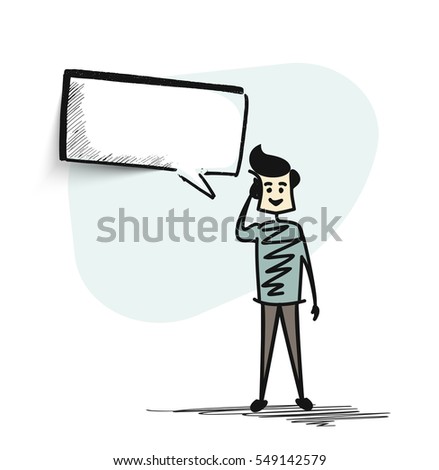 Business man looking at the thought bubble, Cartoon Hand Drawn Vector Background.