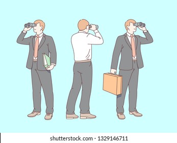 Business man looking through binoculars ahead into distance in search of opportunities. Businessman looking to future. Business forecasting, vision concept. Flat line vector character illustration