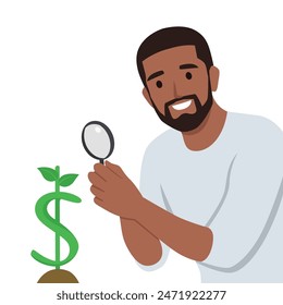 Business man looking through magnifying glass at dollar signs symbol in a plant shape. Flat vector illustration isolated on white background