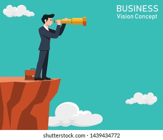 Business Man Looking Through A Telescope On Cliff. Business Vision Concept.Vector Illustration.