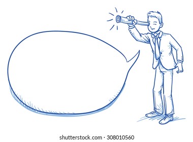 Business Man Looking Through A Telescope With A Speech Bubble, Hand Drawn Doodle Vector Illustration