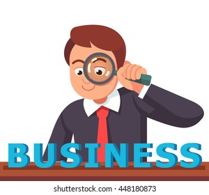 Business man looking at BUSINESS word through magnifying glass. Financial analyst concept. Flat style vector character illustration.
