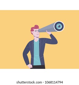 Business man looks through a telescope. Business Vision and Leadership Concept