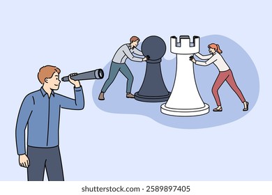 Business man looks through telescope at competing colleagues moving chess pieces for seize leadership. Guy spying on office clerks, for concept of corporate espionage to gain leadership advantages