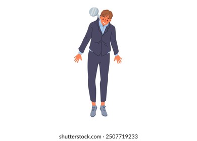 Business man loser hanging on nail, for concept of bankruptcy due to financial crisis. Business male became victim of difficult economic situation and wave of layoffs of corporate personnel