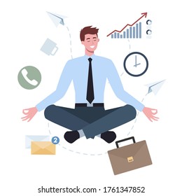 Business man in lotus pose set. Employee meditate against stress. Deadline concept. Idea of many work and few time. Flat vector illustration