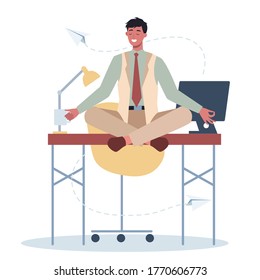 Business man in lotus pose set. Employee meditate against stress. Deadline concept. Idea of many work and few time. Flat vector illustration