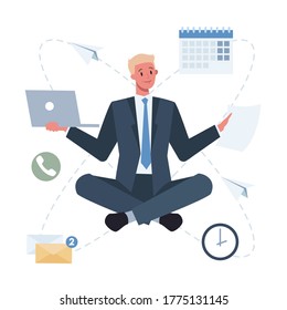 Business man in lotus pose set. Employee meditate against stress. Deadline concept. Idea of many work and few time. Flat vector illustration