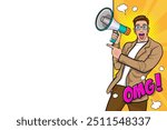 Business man with loudspeaker megaphone announcing discount or sale Special offer shopping time, protest or meeting In Retro Vintage Pop Art Comic Style