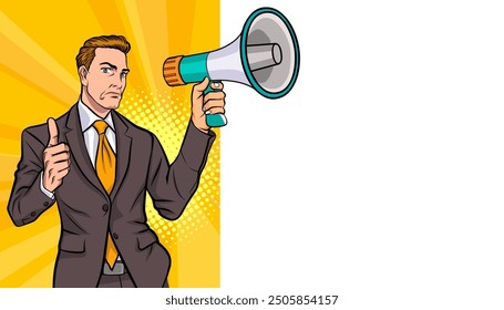 Business man with loudspeaker megaphone announcing discount or sale Special offer shopping time, protest or meeting In Retro Vintage Pop Art Comic Style