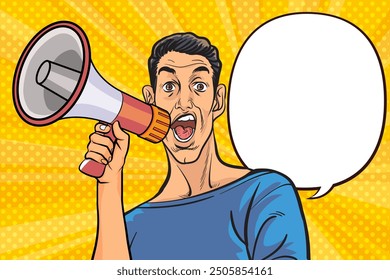 Business man with loudspeaker megaphone announcing discount or sale Special offer shopping time, protest or meeting In Retro Vintage Pop Art Comic Style