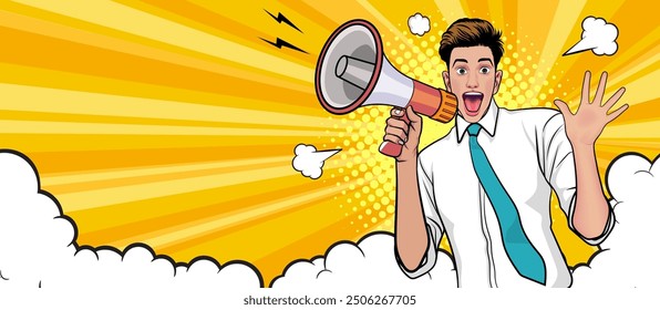 Business man with loudspeaker megaphone announcing discount or sale Special offer shopping time, protest or meeting In Retro Vintage Pop Art Comic Style