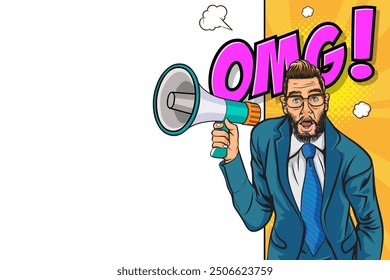 Business man with loudspeaker megaphone announcing discount or sale Special offer shopping time, protest or meeting In Retro Vintage Pop Art Comic Style