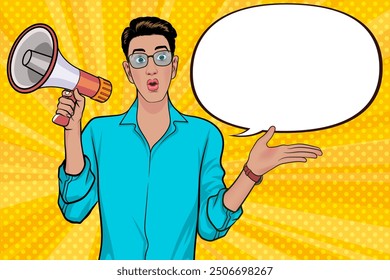 Business man with loudspeaker megaphone announcing discount or sale Special offer shopping time, protest or meeting In Retro Vintage Pop Art Comic Style