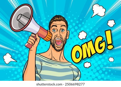 Business man with loudspeaker megaphone announcing discount or sale Special offer shopping time, protest or meeting In Retro Vintage Pop Art Comic Style