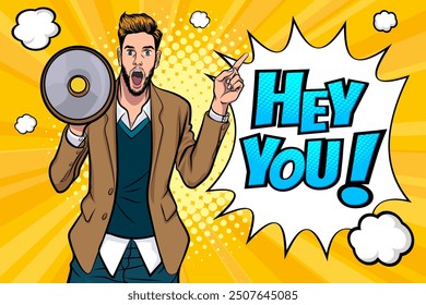 Business man with loudspeaker megaphone announcing discount or sale Special offer shopping time, protest or meeting In Retro Vintage Pop Art Comic Style