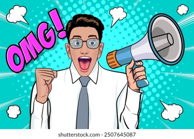 Business man with loudspeaker megaphone announcing discount or sale Special offer shopping time, protest or meeting In Retro Vintage Pop Art Comic Style