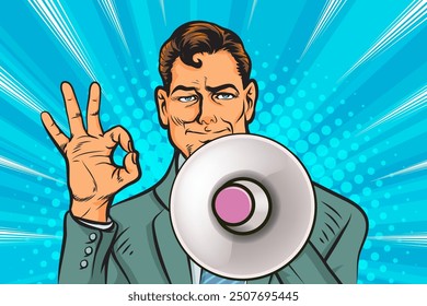 Business man with loudspeaker megaphone announcing discount or sale Special offer shopping time, protest or meeting In Retro Vintage Pop Art Comic Style