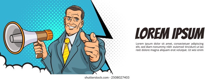 Business man with loudspeaker megaphone announcing discount or sale Special offer shopping time, protest or meeting In Retro Vintage Pop Art Comic Style