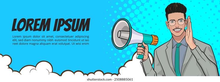 Business man with loudspeaker megaphone announcing discount or sale Special offer shopping time, protest or meeting In Retro Vintage Pop Art Comic Style