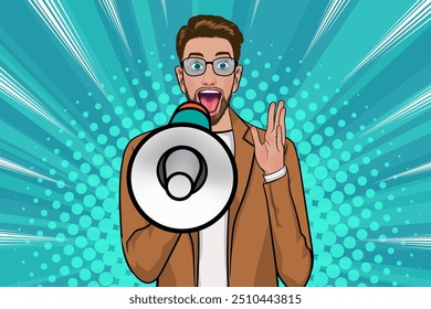 Business man with loudspeaker megaphone announcing discount or sale Special offer shopping time, protest or meeting In Retro Vintage Pop Art Comic Style