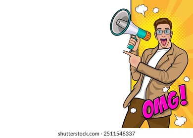 Business man with loudspeaker megaphone announcing discount or sale Special offer shopping time, protest or meeting In Retro Vintage Pop Art Comic Style