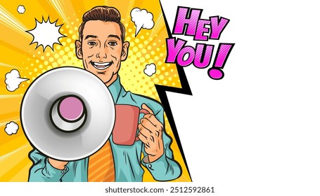 Business man with loudspeaker megaphone announcing discount or sale Special offer shopping time, protest or meeting In Retro Vintage Pop Art Comic Style