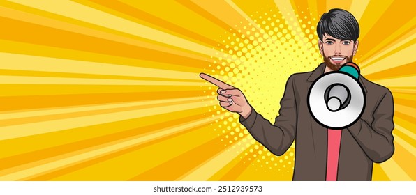 Business man with loudspeaker megaphone announcing discount or sale Special offer shopping time, protest or meeting In Retro Vintage Pop Art Comic Style