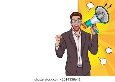 Homem de negócios com alto-falante megafone anunciando desconto ou venda Oferta especial tempo de compras, protesto ou reunião In Retro Vintage Pop Art Comic Style
