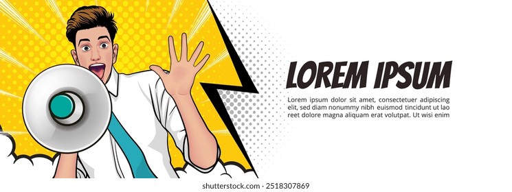 Business man with loudspeaker megaphone announcing discount or sale Special offer shopping time, protest or meeting In Retro Vintage Pop Art Comic Style