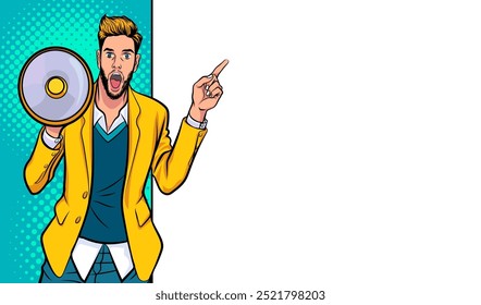 Business man with loudspeaker megaphone announcing discount or sale Special offer shopping time, protest or meeting In Retro Vintage Pop Art Comic Style