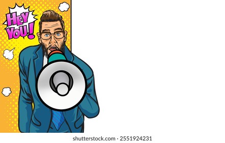Business man with loudspeaker megaphone announcing discount or sale Special offer shopping time, protest or meeting In Retro Vintage Pop Art Comic Style