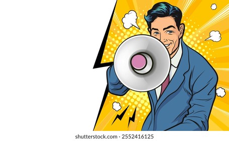 Business man with loudspeaker megaphone announcing discount or sale Special offer shopping time, protest or meeting In Retro Vintage Pop Art Comic Style