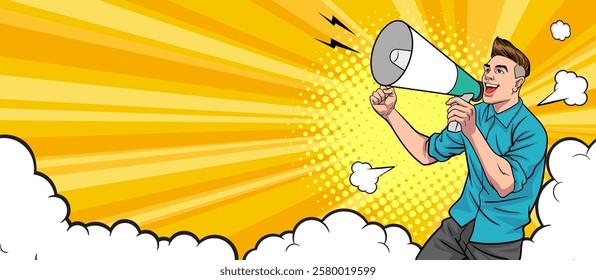 Business man with loudspeaker megaphone announcing discount or sale Special offer shopping time, protest or meeting In Retro Vintage Pop Art Comic Style