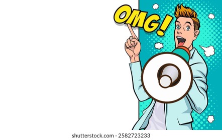 Business man with loudspeaker megaphone announcing discount or sale Special offer shopping time, protest or meeting In Retro Vintage Pop Art Comic Style