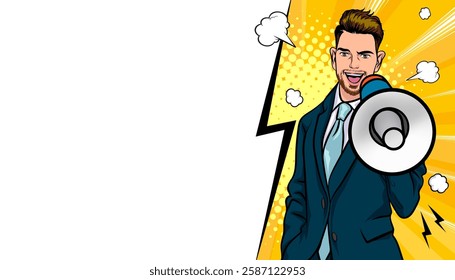 Business man with loudspeaker megaphone announcing discount or sale Special offer shopping time, protest or meeting In Retro Vintage Pop Art Comic Style