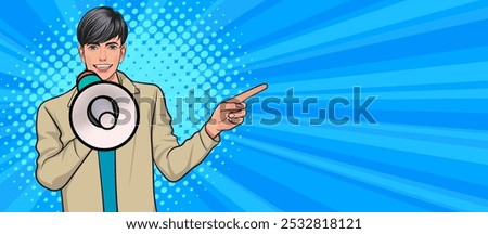 Business man with loudspeaker megaphone announcing discount or sale Special offer shopping time, protest or meeting In Retro Vintage Pop Art Comic Style
