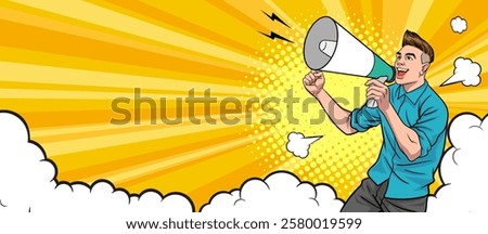 Business man with loudspeaker megaphone announcing discount or sale Special offer shopping time, protest or meeting In Retro Vintage Pop Art Comic Style