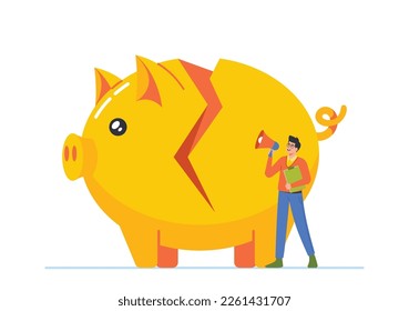 Business Man With Loudspeaker Stand Near Broken Piggy Bank. Financial Problems, Debt, Poor Planning And Need For Effective Solutions, Marketing or Advert Concept. Cartoon People Vector Illustration